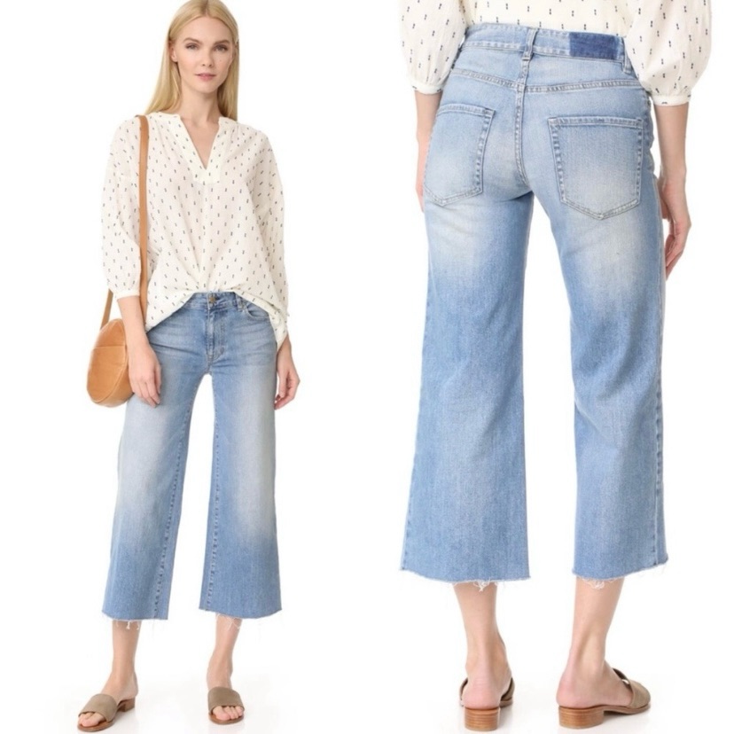 Nili Lotan Juna High Rise Wide Leg Flare Jeans Beach Wash Crop Raw Hem Size 26